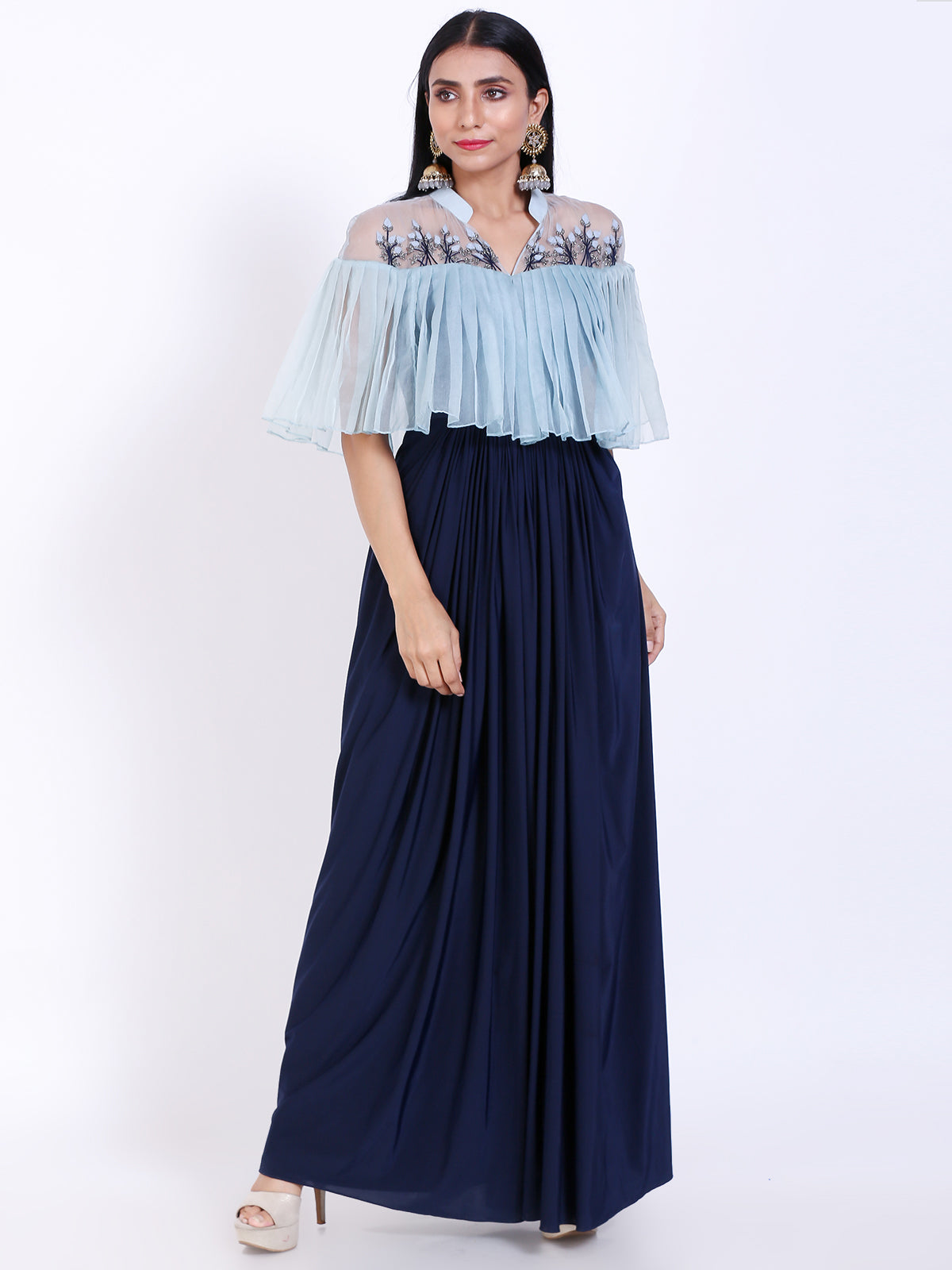 Embroidered cape style gown