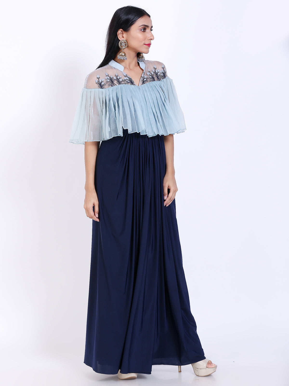 Embroidered cape style gown