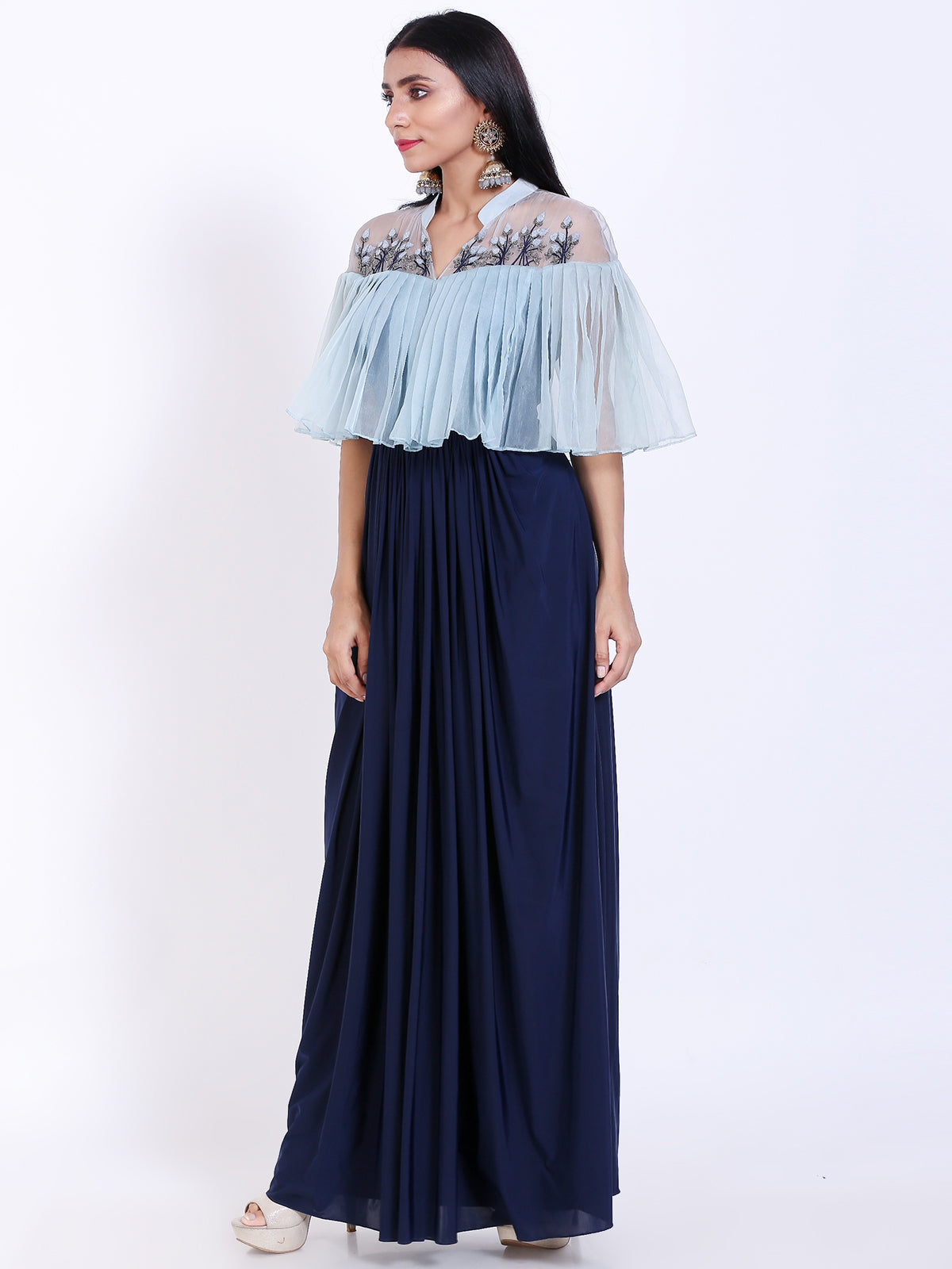 Embroidered cape style gown