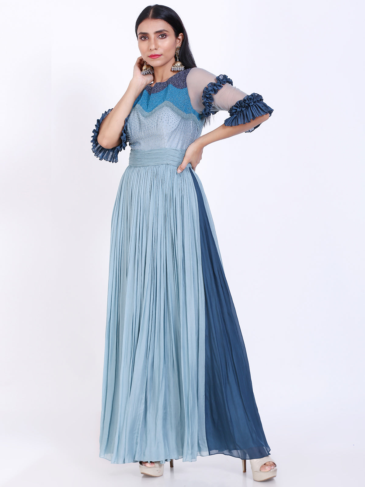 Emmbroidered gathered gown
