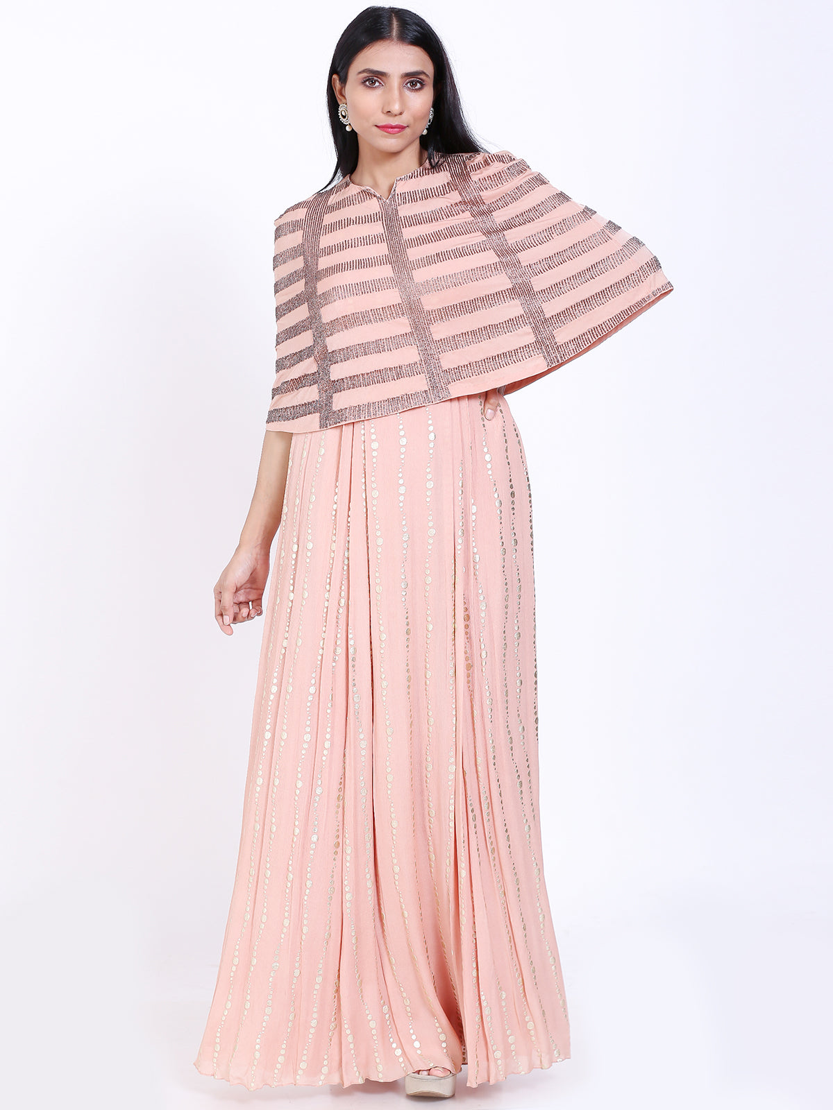 Embroidered cape style gown