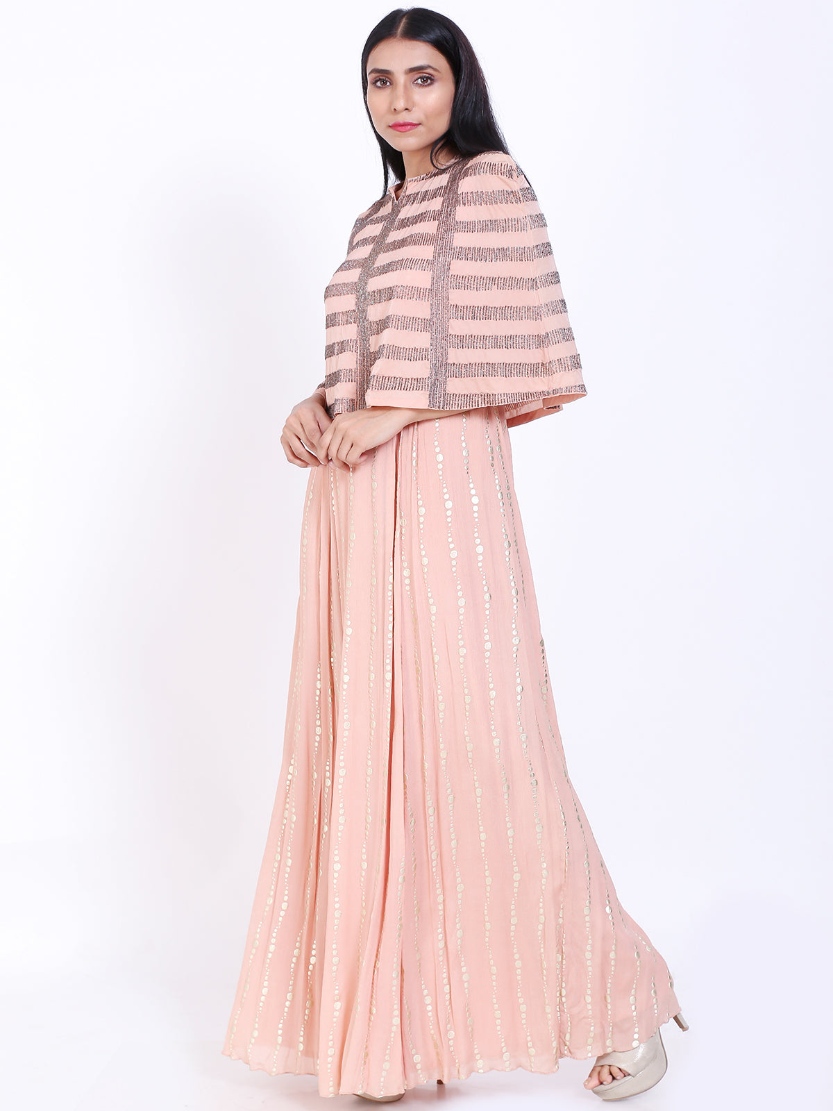 Embroidered cape style gown