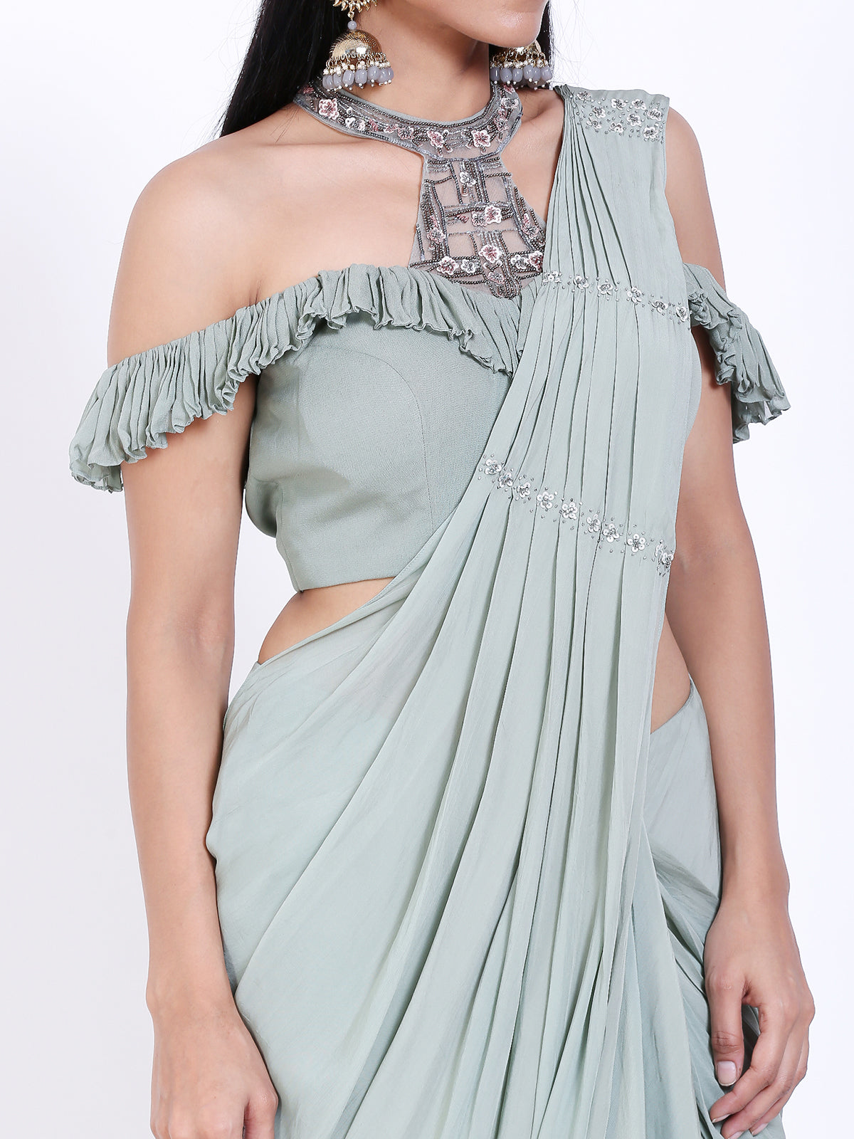 Ruffled blouse Draped saree