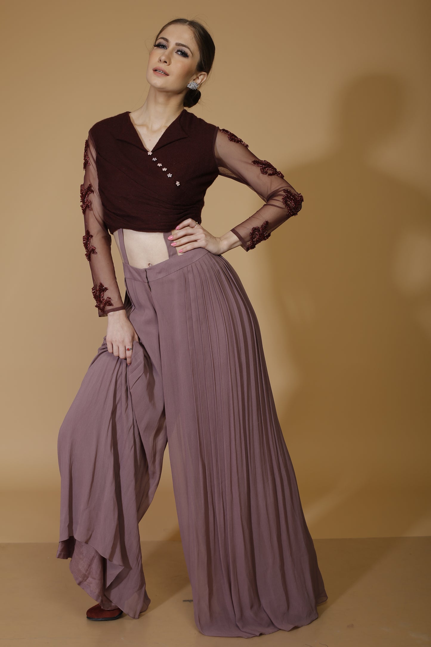 Embroidered top with high waist pants