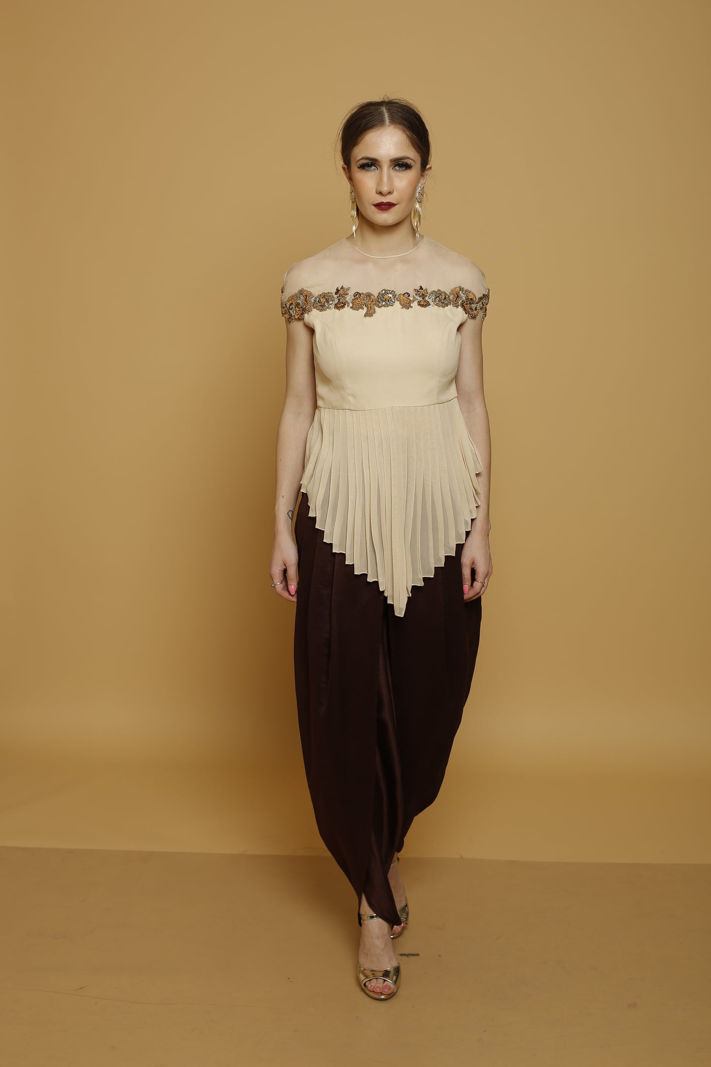 Embroidered top with dhoti pants