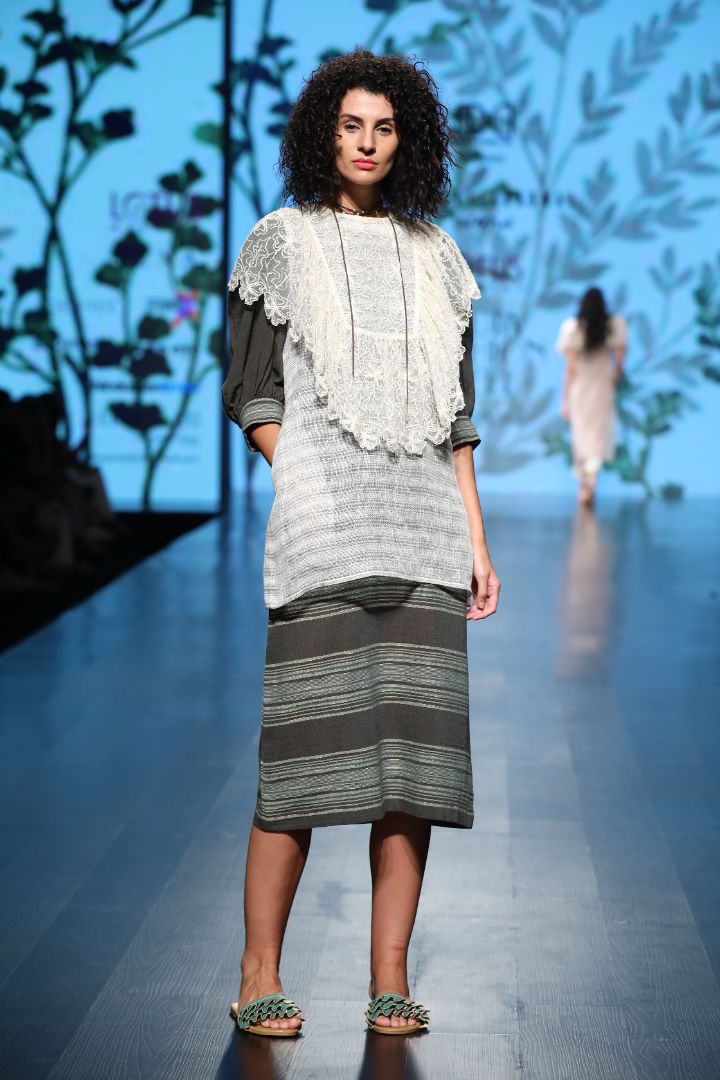 knee length dress with half jacket and a shrug