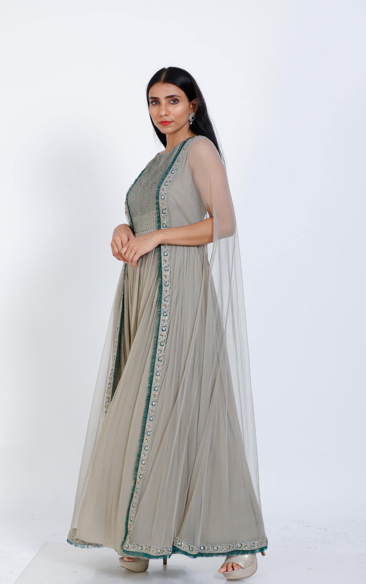 Embroidered cape style gown