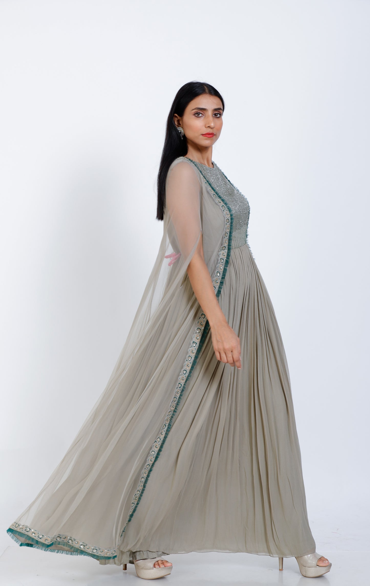 Embroidered cape style gown