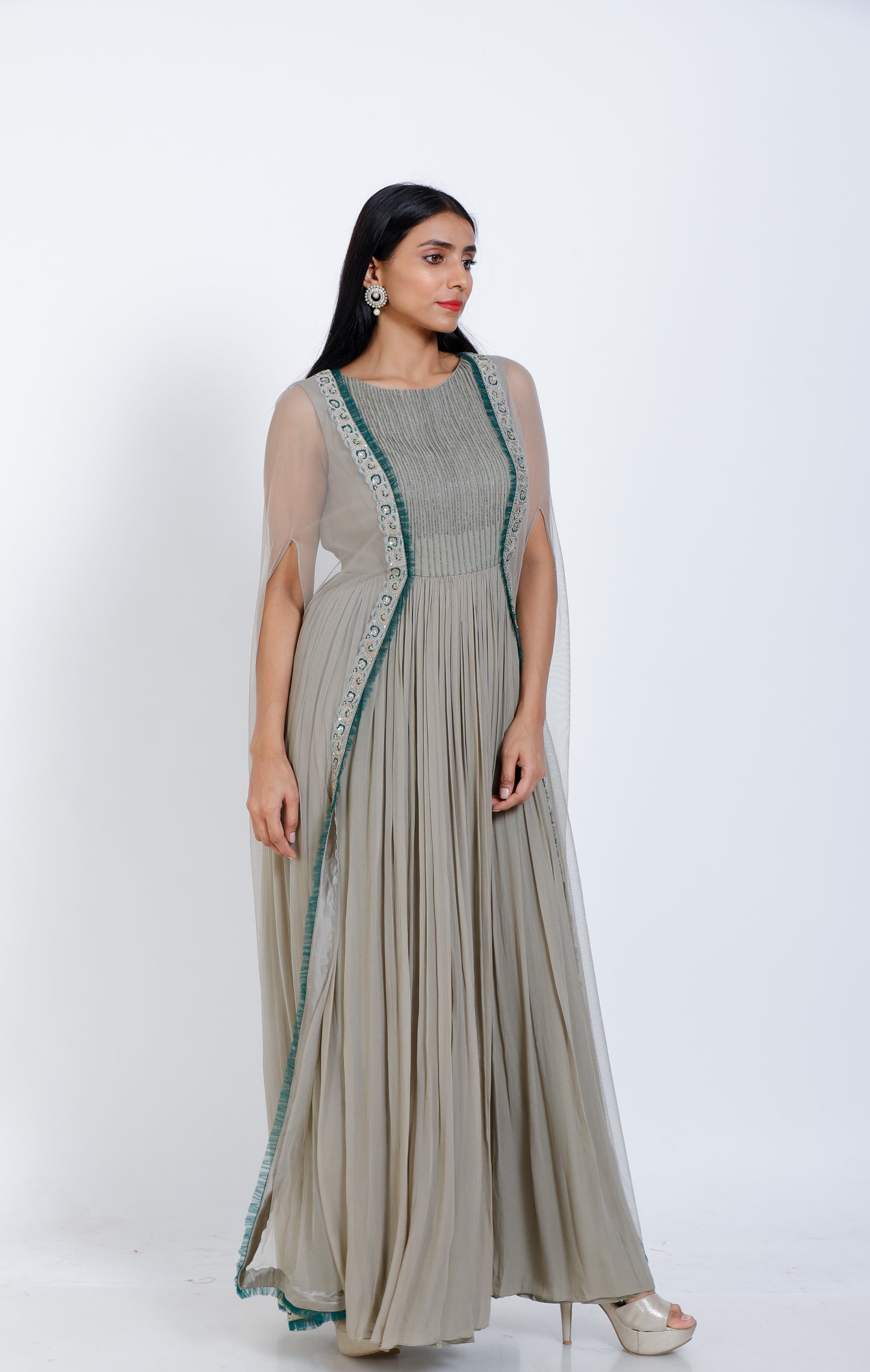 Embroidered cape style gown