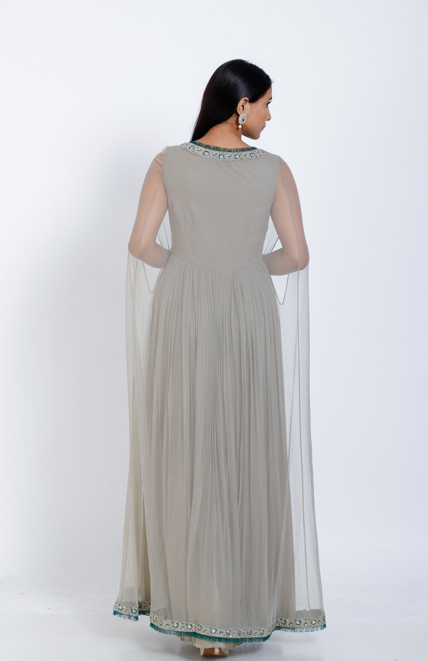 Embroidered cape style gown