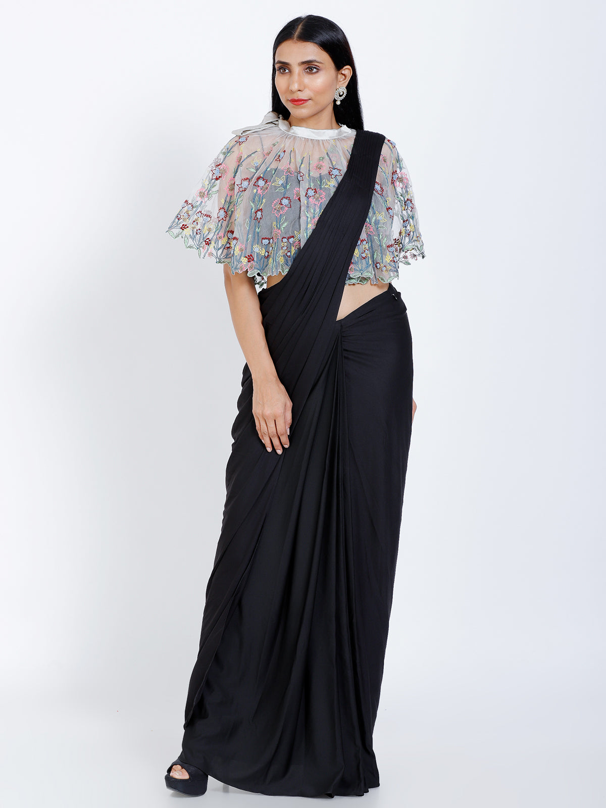 Pleated Draped Saree with Cape