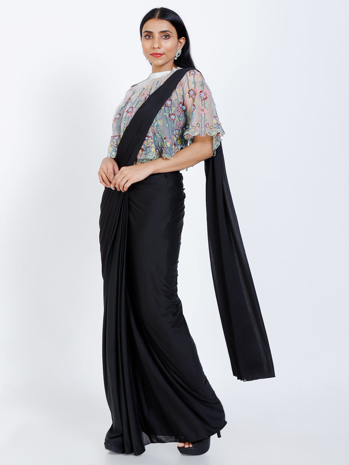 Pleated Draped Saree with Cape