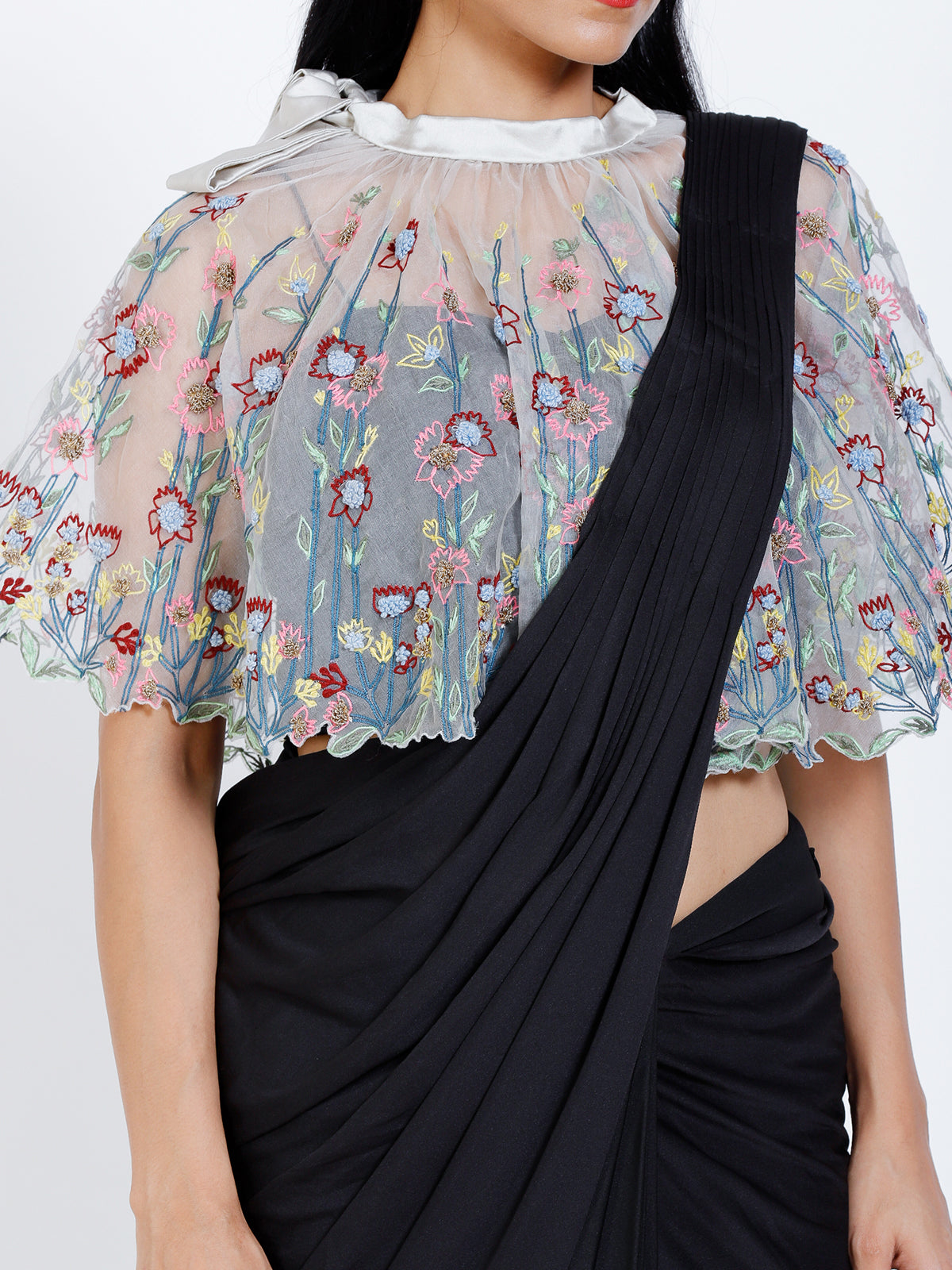 Pleated Draped Saree with Cape