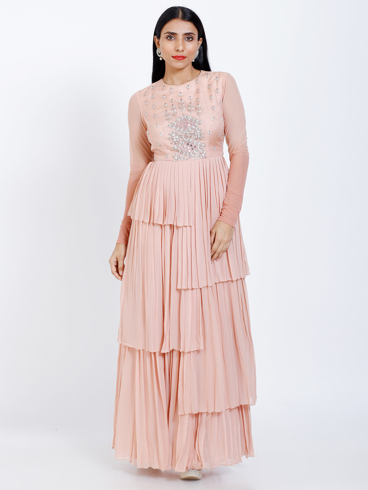 Embroidered pleated gown