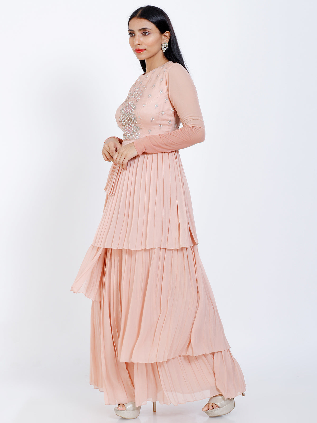 Embroidered pleated gown