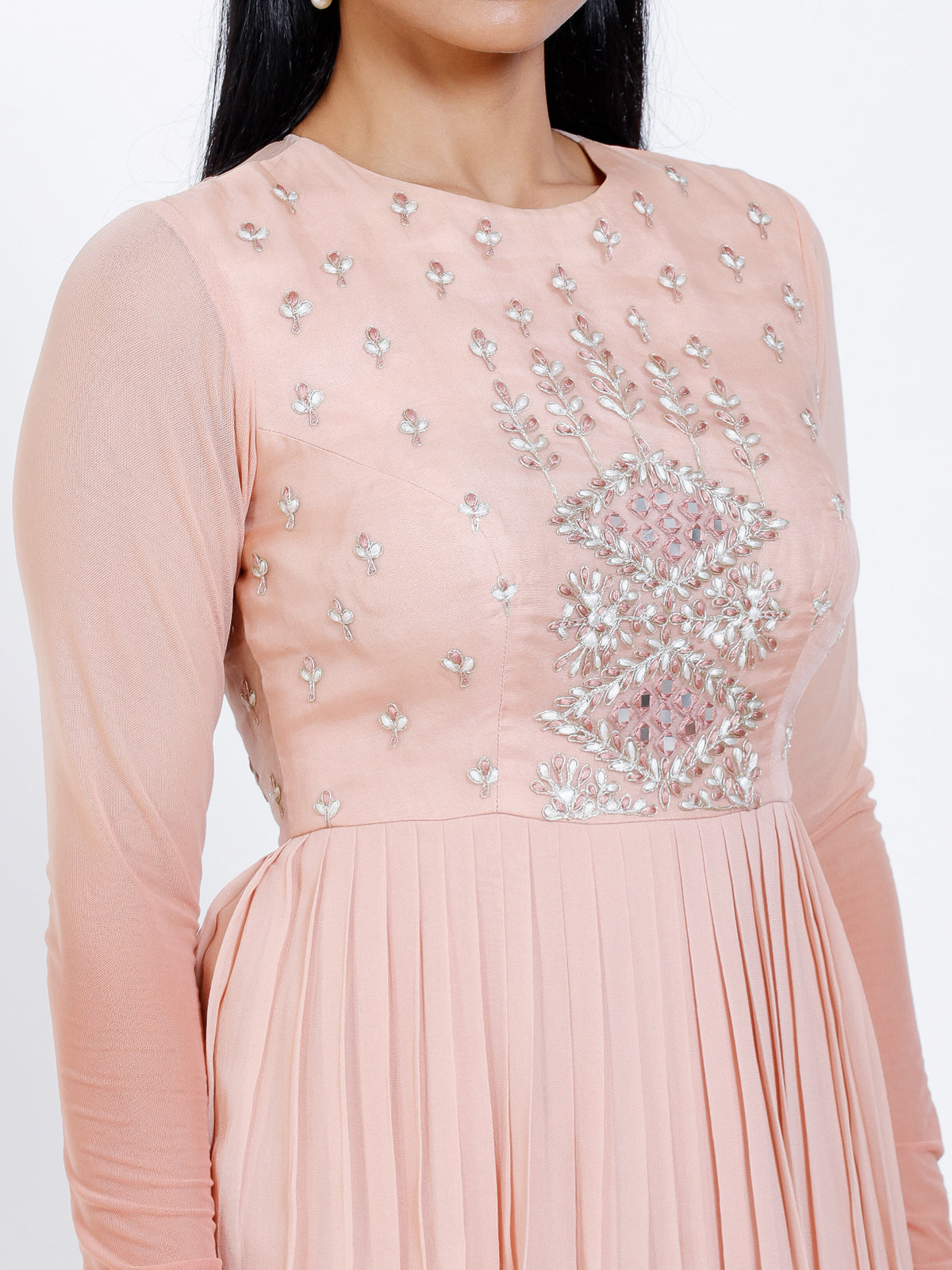Embroidered pleated gown