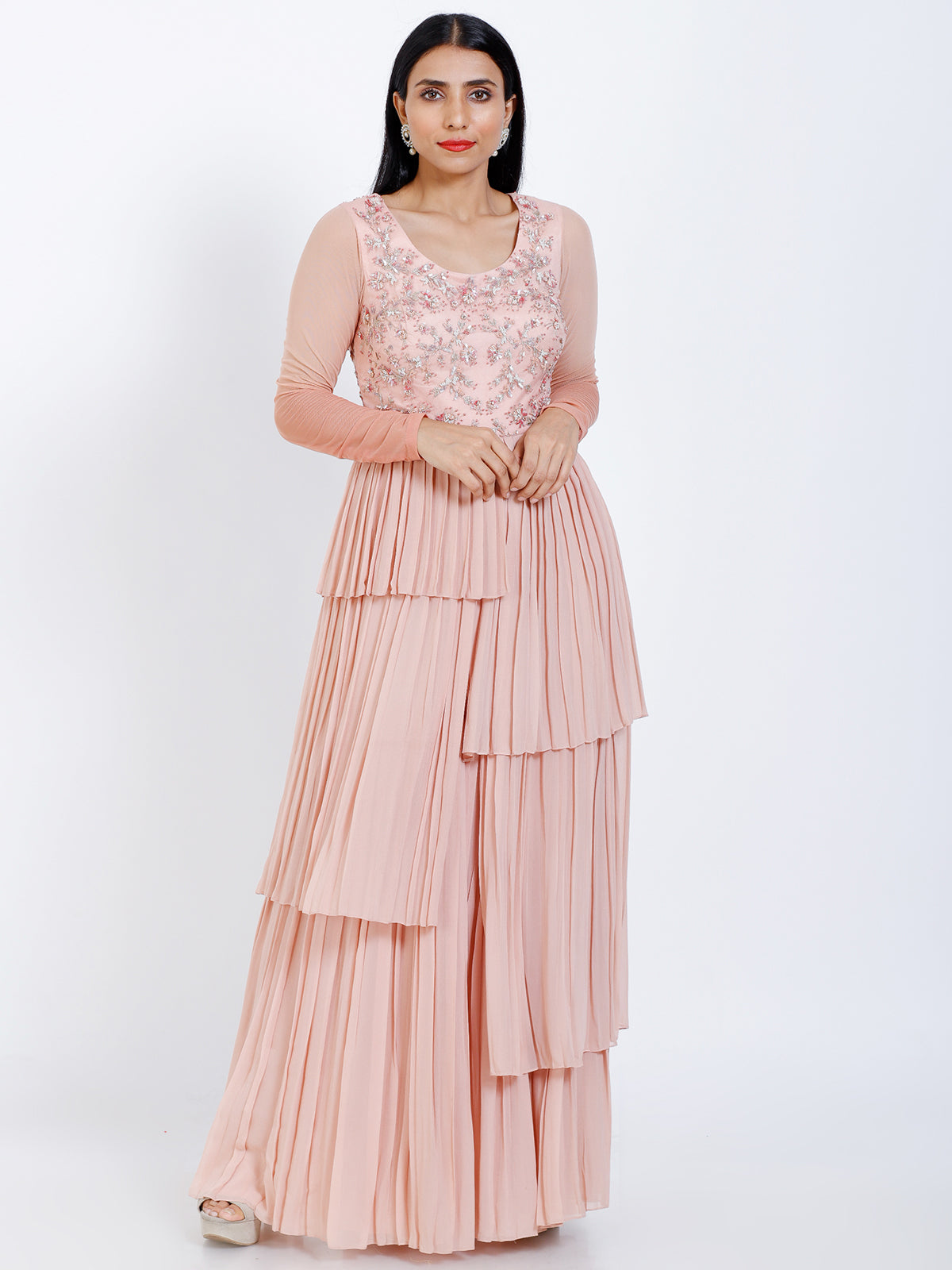 Embroidered pleated gown