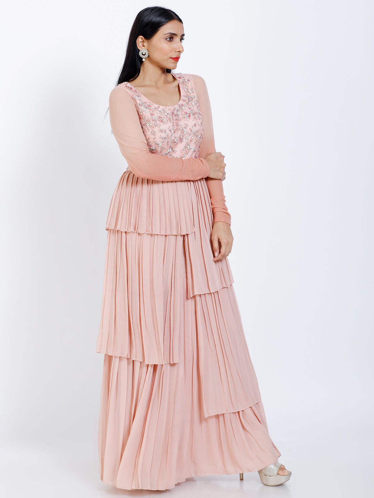 Embroidered pleated gown