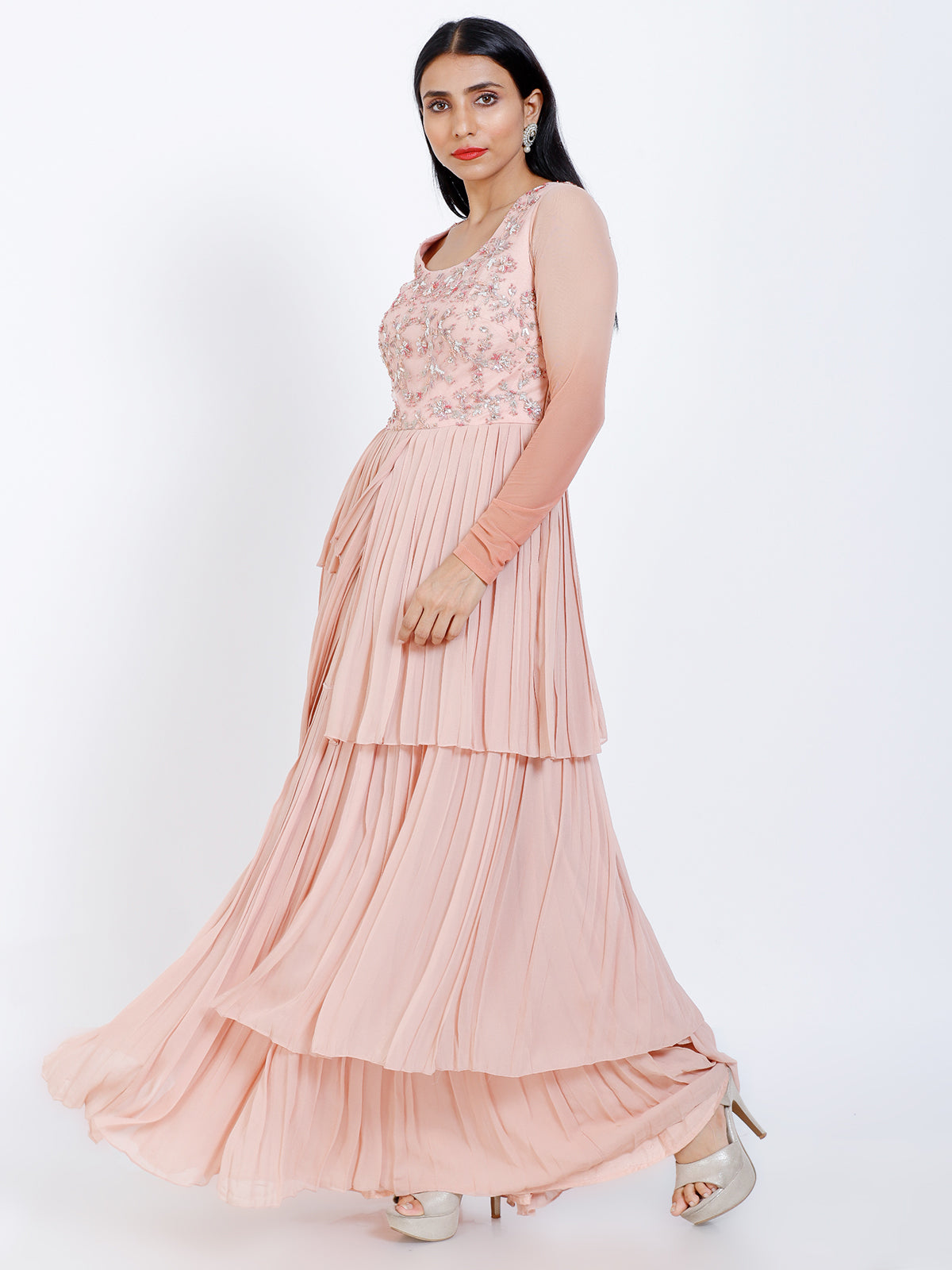 Embroidered pleated gown