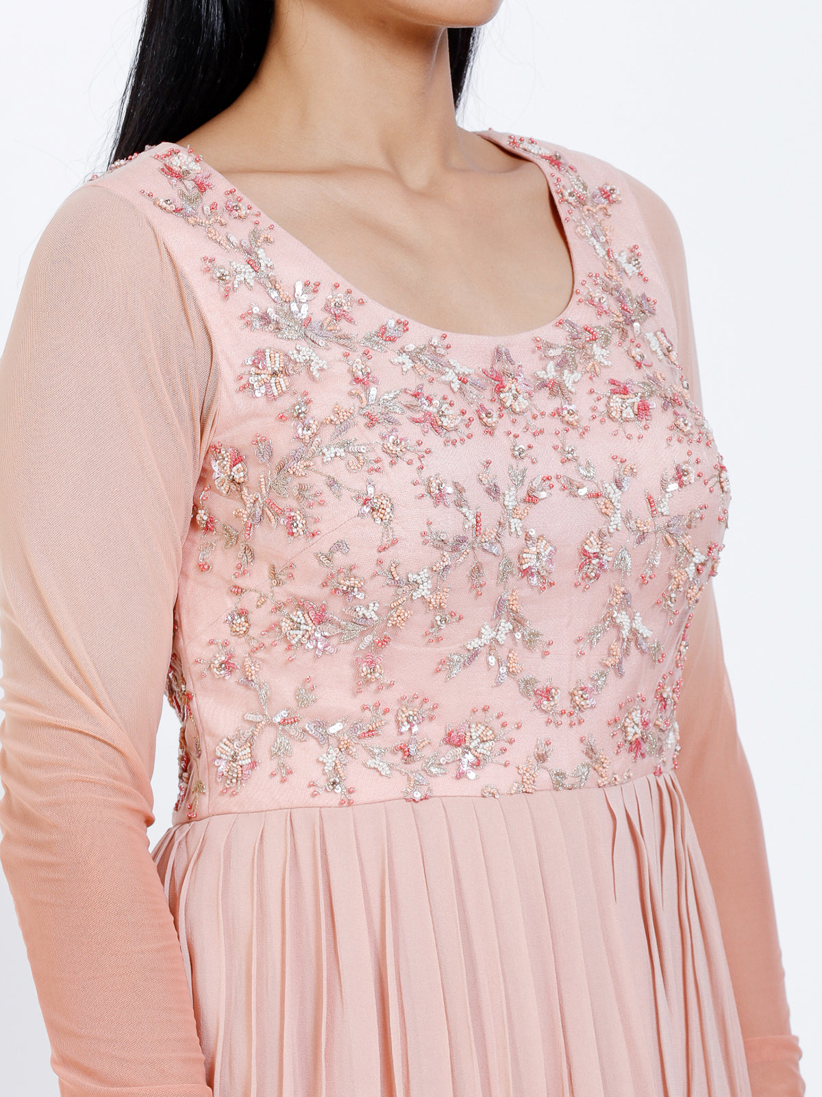 Embroidered pleated gown