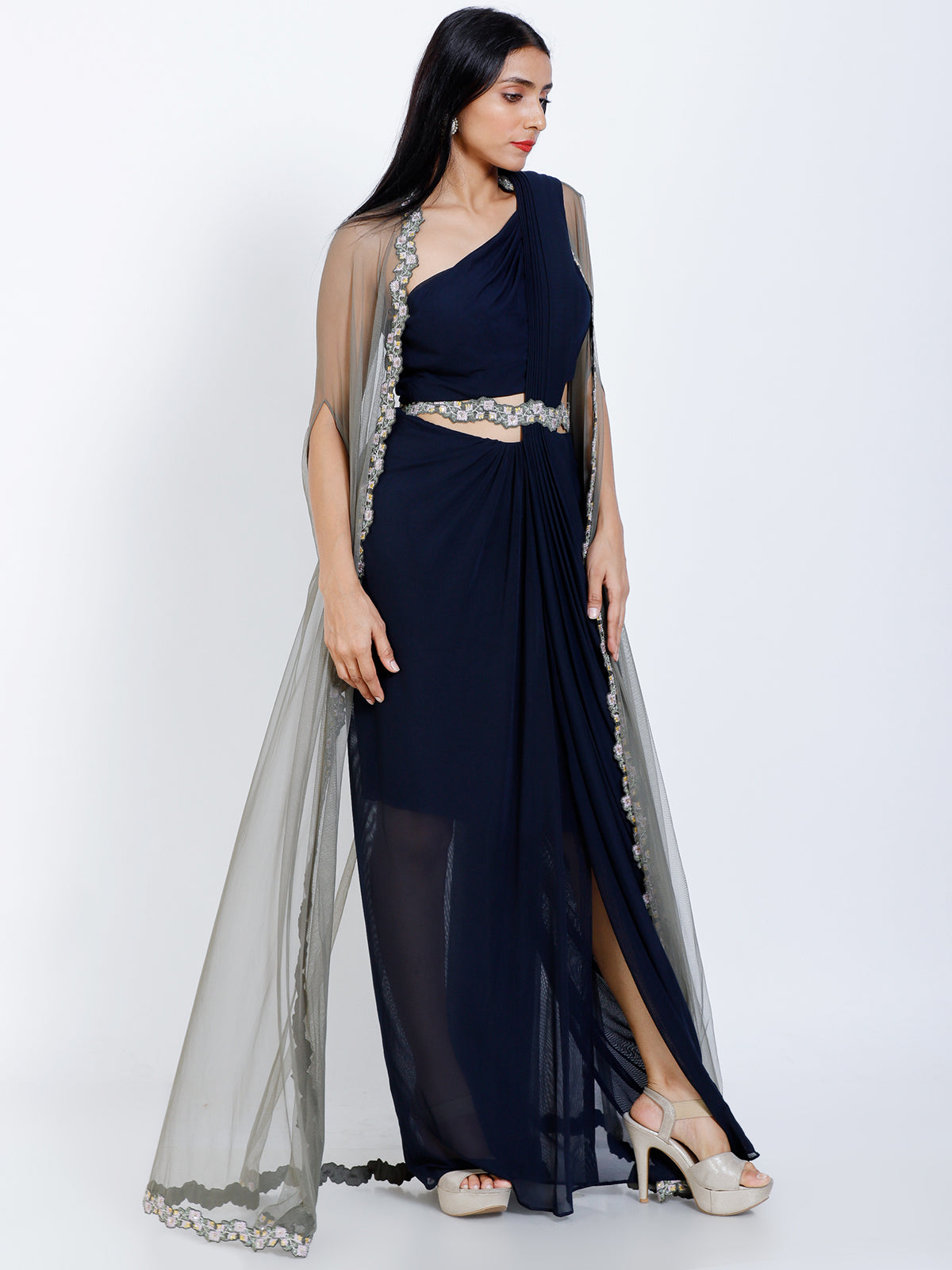 Draped saree with embroidered jacket