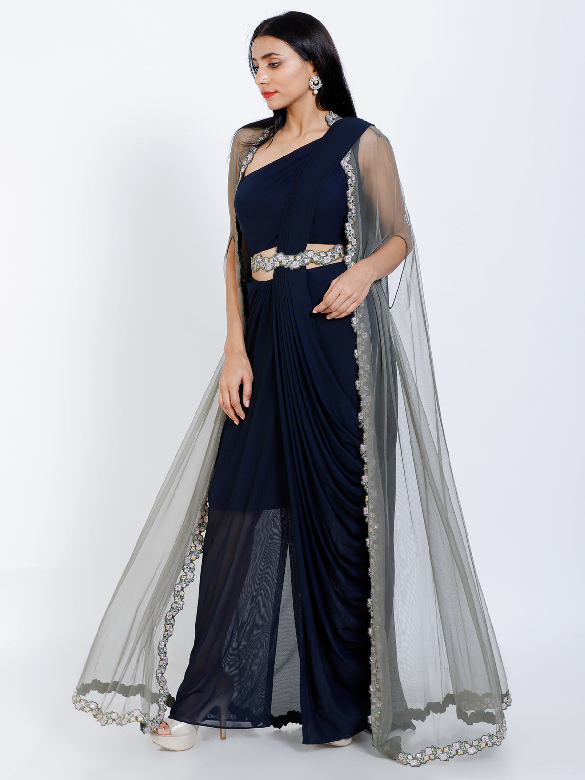Draped saree with embroidered jacket