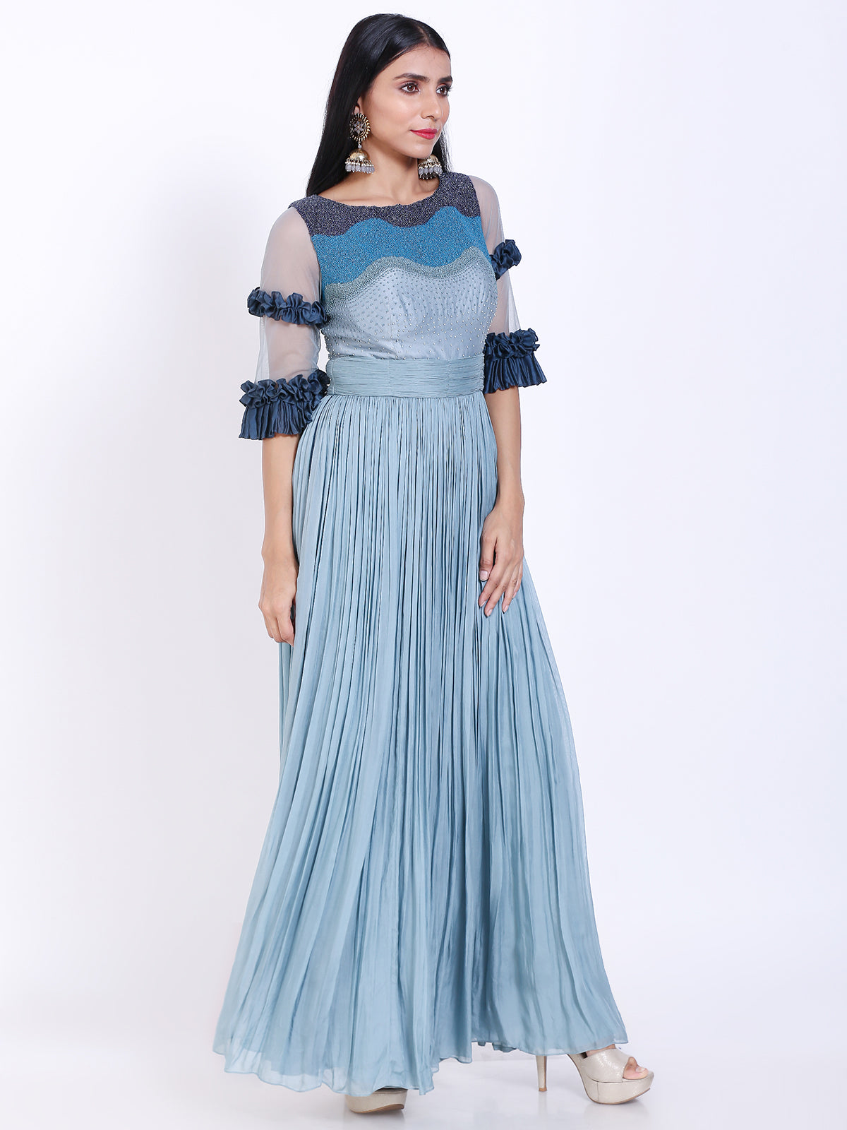 Emmbroidered gathered gown