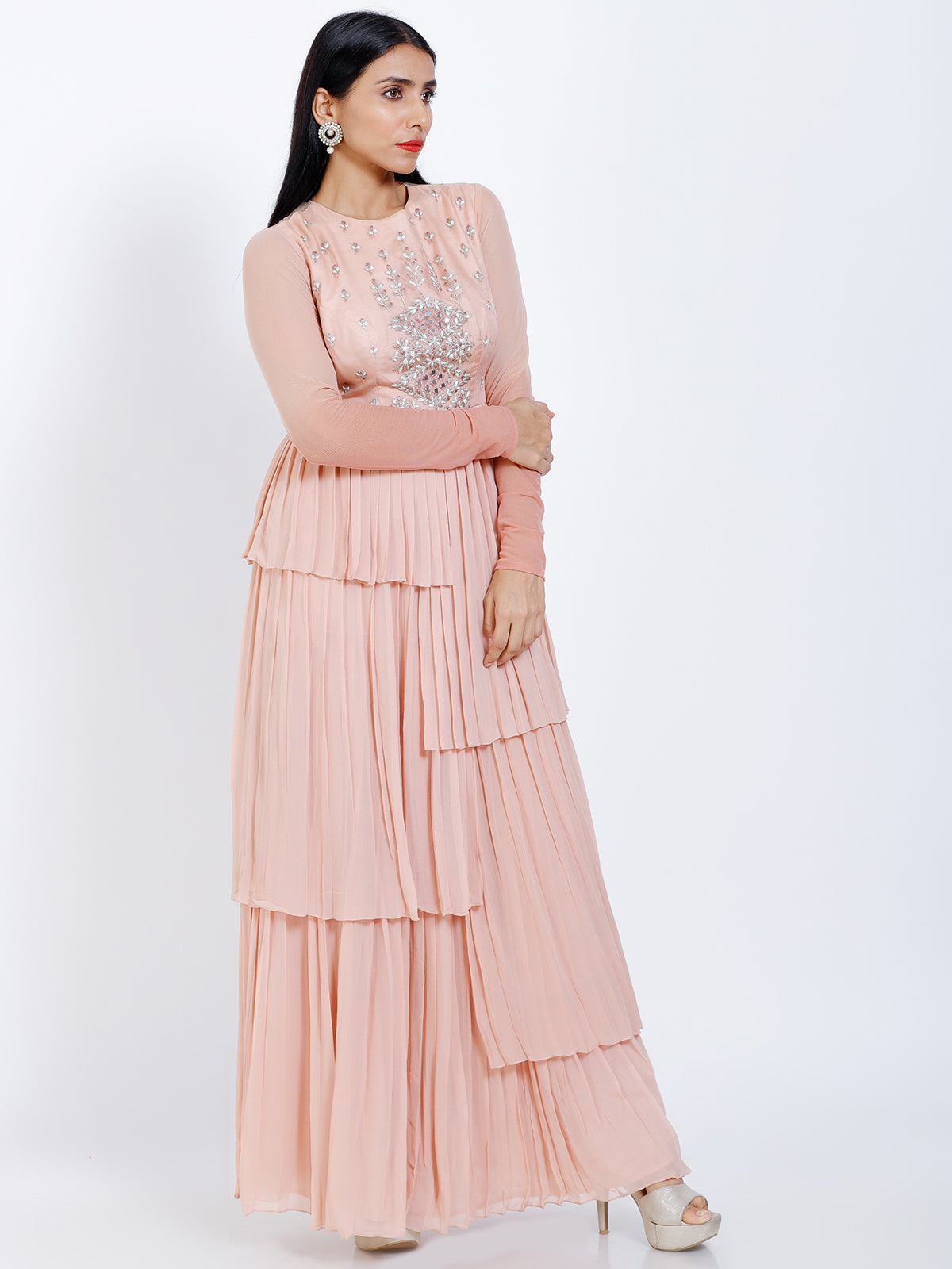 Embroidered pleated gown