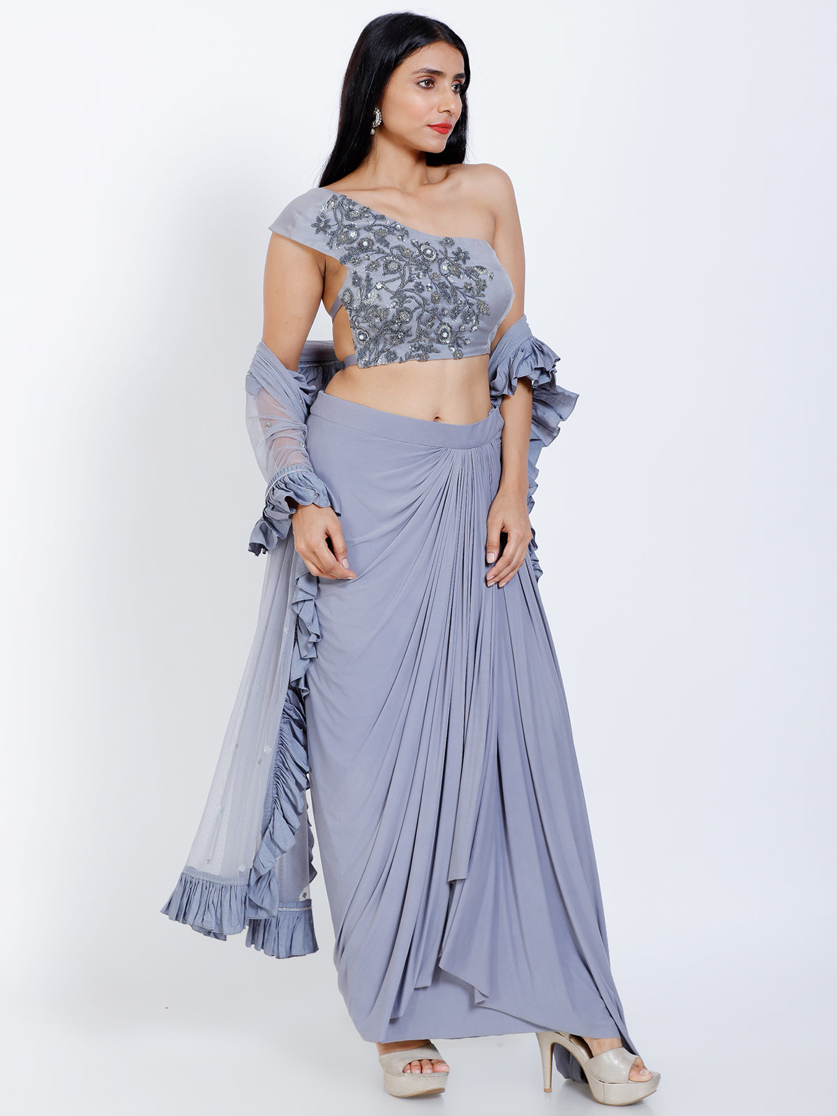 Embroidered crop top with draped skirt