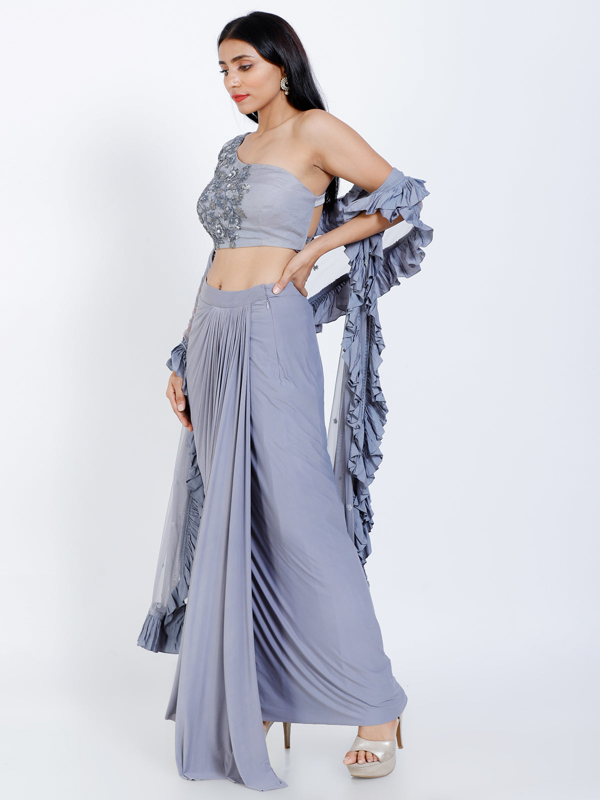 Embroidered crop top with draped skirt