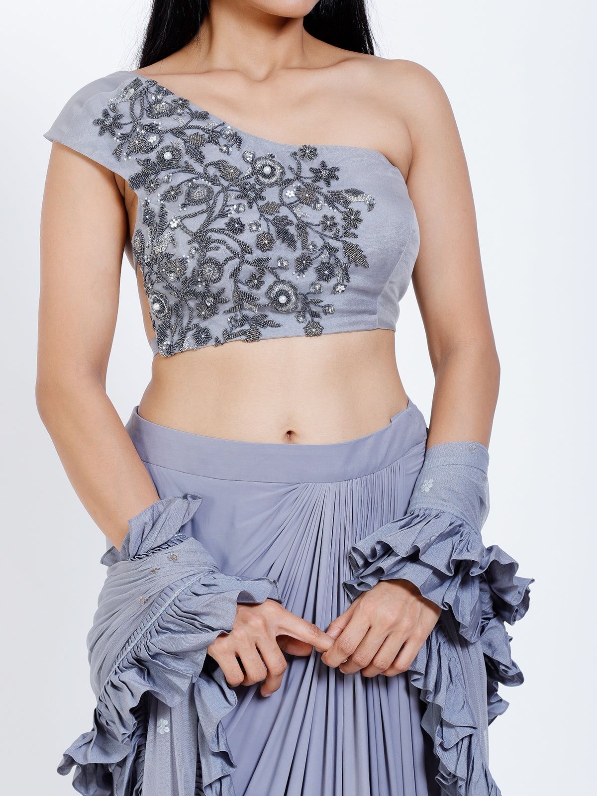 Embroidered crop top with draped skirt