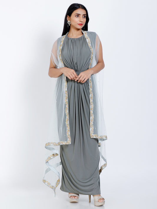 Embroidered gown with asymmetric jacket