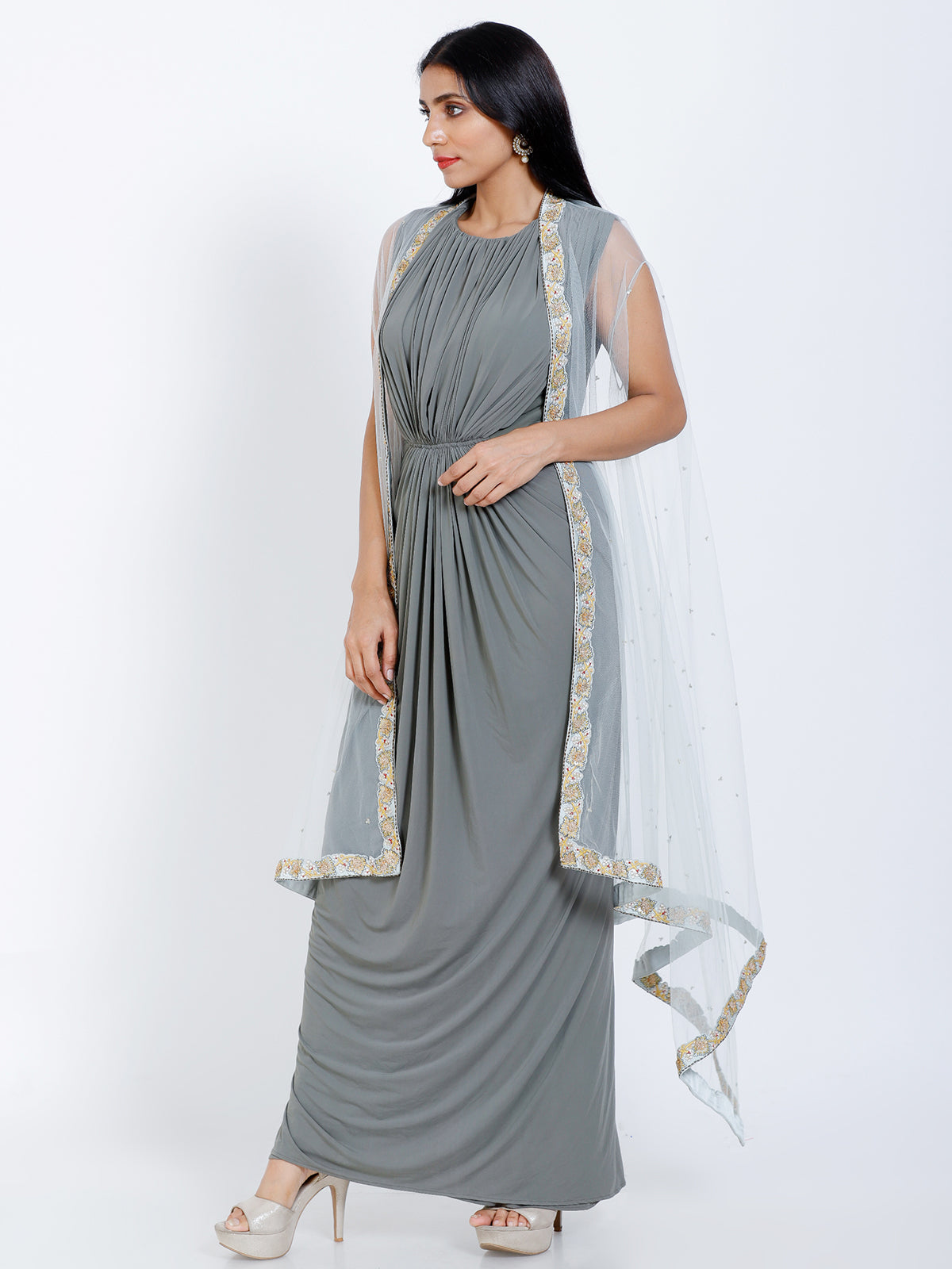 Embroidered gown with asymmetric jacket