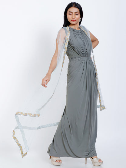 Embroidered gown with asymmetric jacket