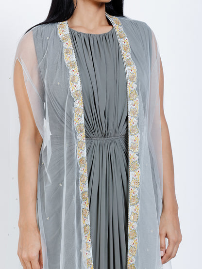 Embroidered gown with asymmetric jacket