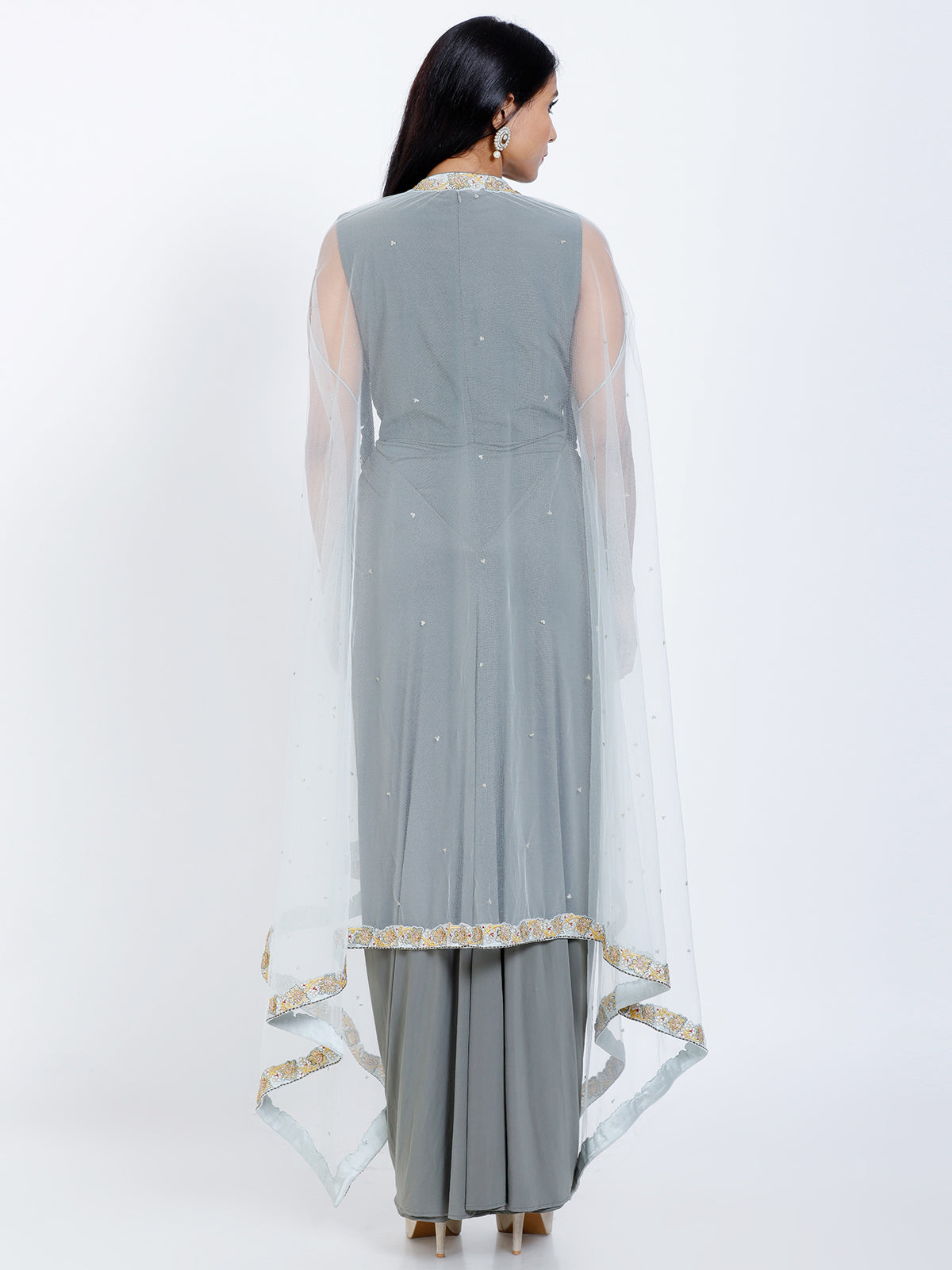 Embroidered gown with asymmetric jacket